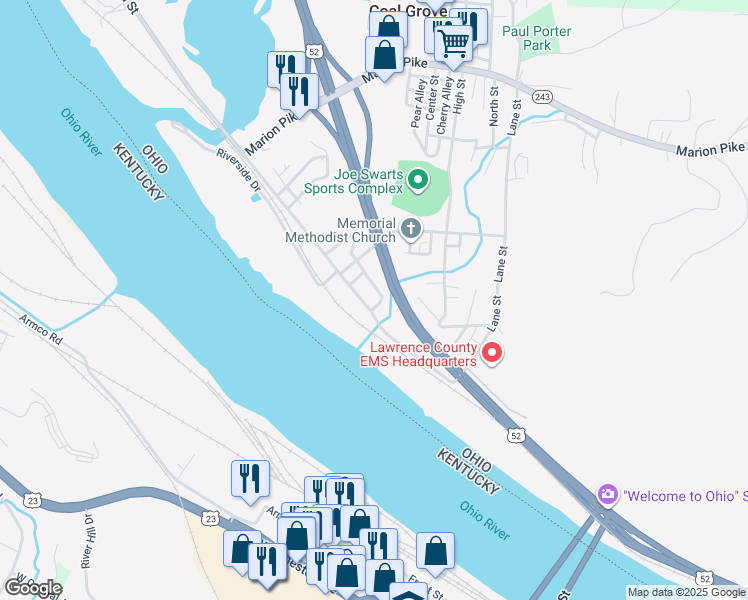 map of restaurants, bars, coffee shops, grocery stores, and more near 627 Pike Street in Coal Grove