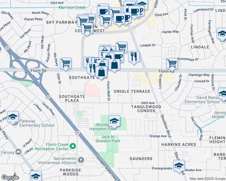 map of restaurants, bars, coffee shops, grocery stores, and more near 7271 Florin Mall Drive in Sacramento