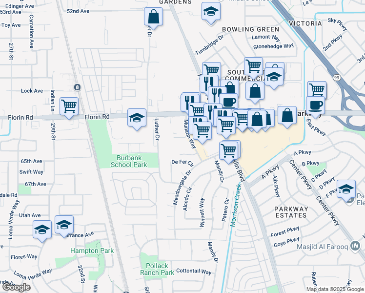 map of restaurants, bars, coffee shops, grocery stores, and more near 7230 Munson Way in Sacramento