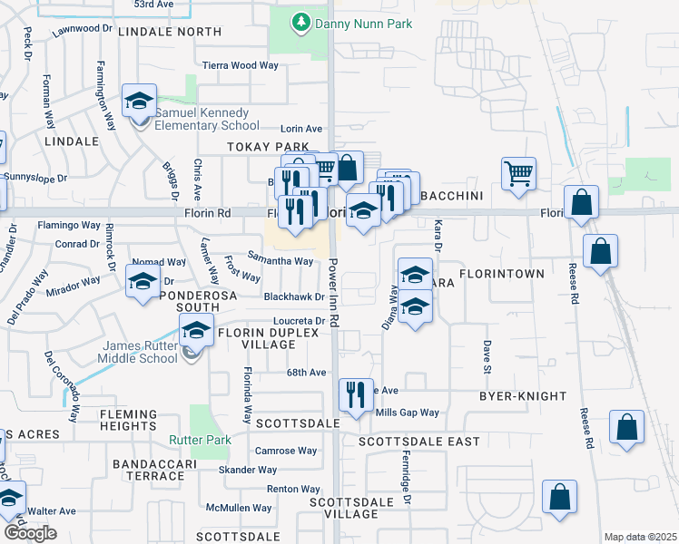 map of restaurants, bars, coffee shops, grocery stores, and more near 7243 Power Inn Road in Sacramento