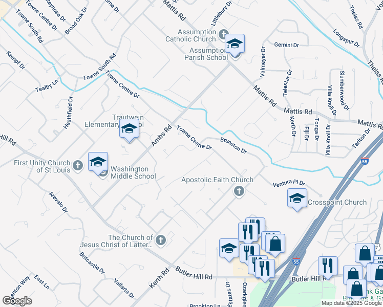map of restaurants, bars, coffee shops, grocery stores, and more near 4914 Brunston Drive in Saint Louis