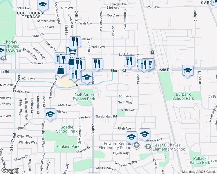 map of restaurants, bars, coffee shops, grocery stores, and more near 72 Pulsar Circle in Sacramento
