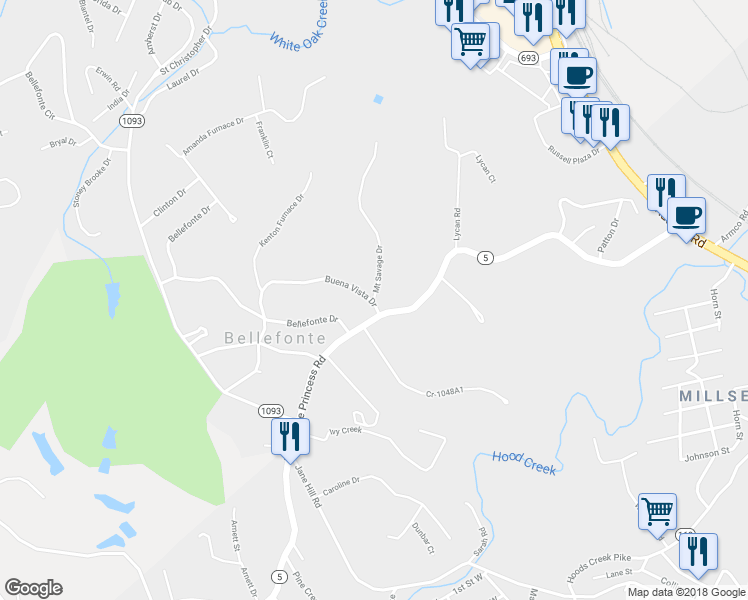 map of restaurants, bars, coffee shops, grocery stores, and more near 100 Mount Savage Drive in Ashland