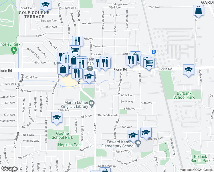 map of restaurants, bars, coffee shops, grocery stores, and more near 71 Pulsar Circle in Sacramento