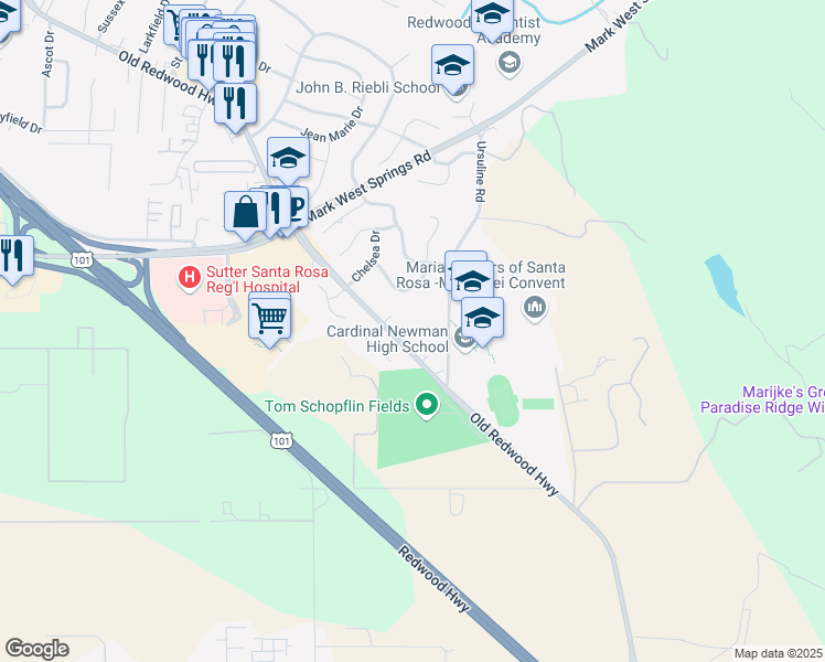 map of restaurants, bars, coffee shops, grocery stores, and more near 96 Dorchester Drive in Santa Rosa