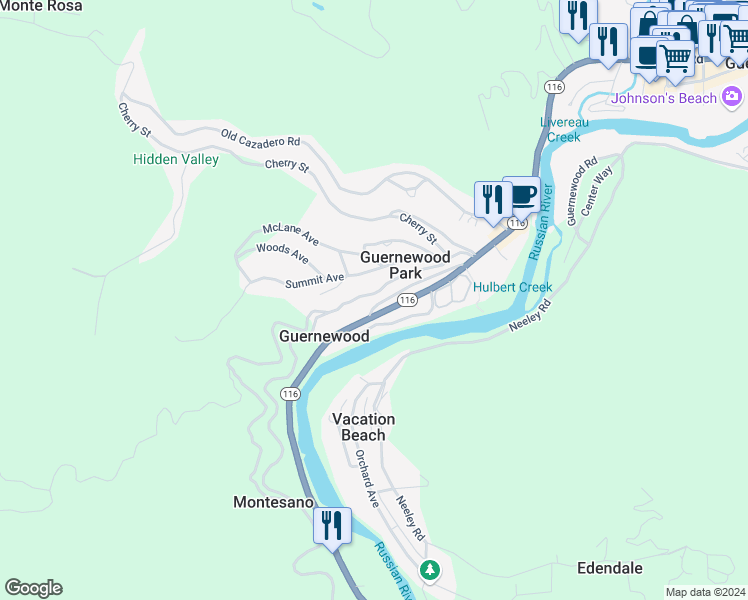 map of restaurants, bars, coffee shops, grocery stores, and more near 17445 Summit Avenue in Guerneville