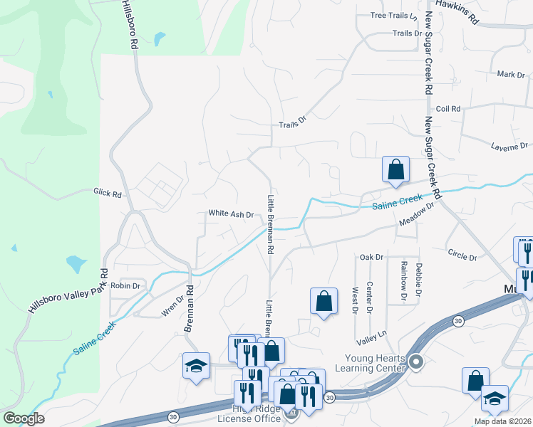 map of restaurants, bars, coffee shops, grocery stores, and more near 1697 Little Brennan Road in High Ridge