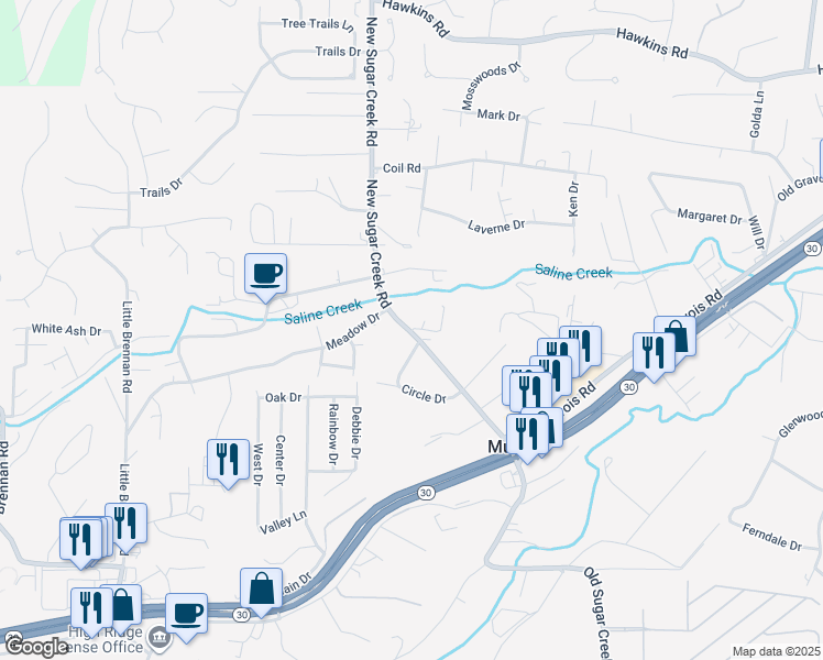 map of restaurants, bars, coffee shops, grocery stores, and more near New Sugar Creek Rd & Oakley Ln in Fenton