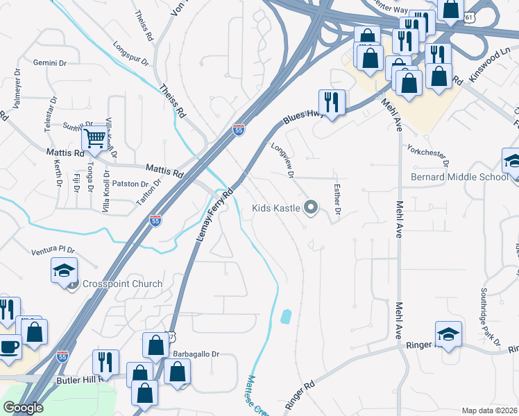 map of restaurants, bars, coffee shops, grocery stores, and more near 25 Kassebaum Lane in St. Louis