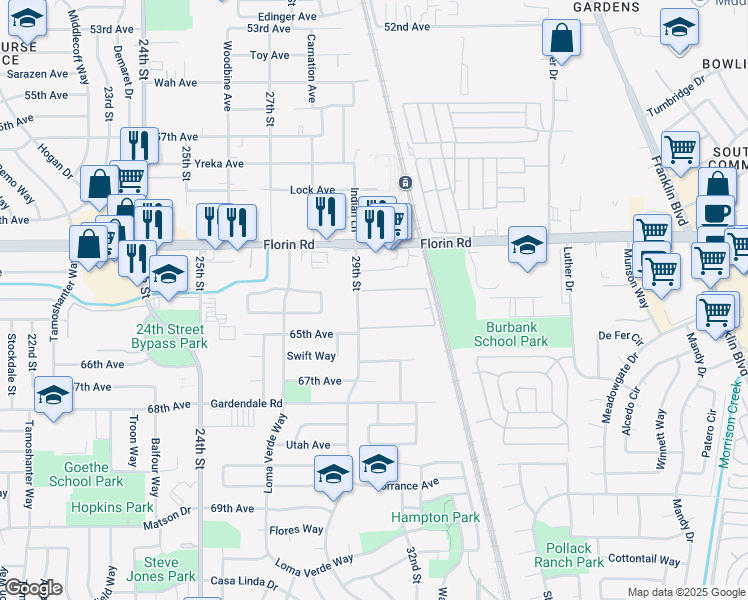map of restaurants, bars, coffee shops, grocery stores, and more near 2927 North Meadows Place in Sacramento