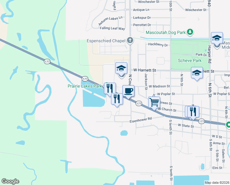 map of restaurants, bars, coffee shops, grocery stores, and more near 2527 West Main Street in Mascoutah