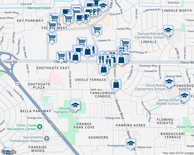 map of restaurants, bars, coffee shops, grocery stores, and more near 7232 Stockton Boulevard in Sacramento