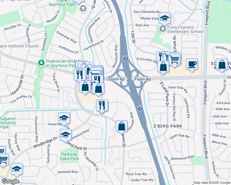 map of restaurants, bars, coffee shops, grocery stores, and more near 40 Park City Court in Sacramento