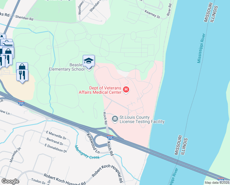 map of restaurants, bars, coffee shops, grocery stores, and more near 101 Jefferson Drive in St. Louis