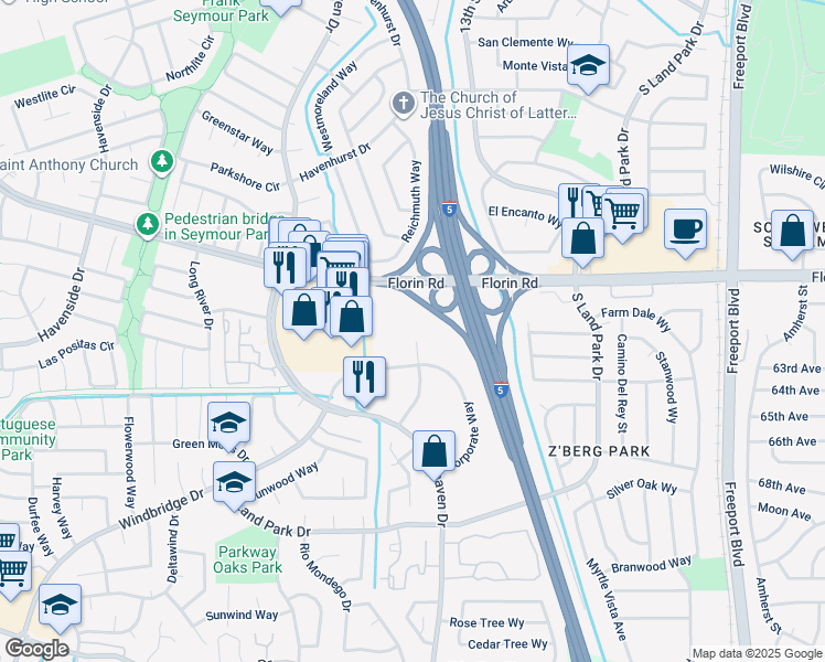 map of restaurants, bars, coffee shops, grocery stores, and more near 40 Park City Court in Sacramento