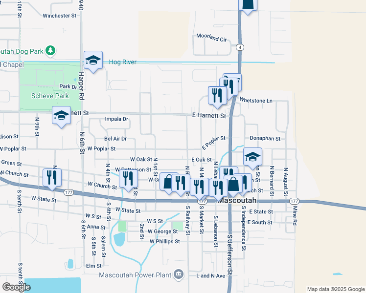 map of restaurants, bars, coffee shops, grocery stores, and more near 522 North Railway Street in Mascoutah