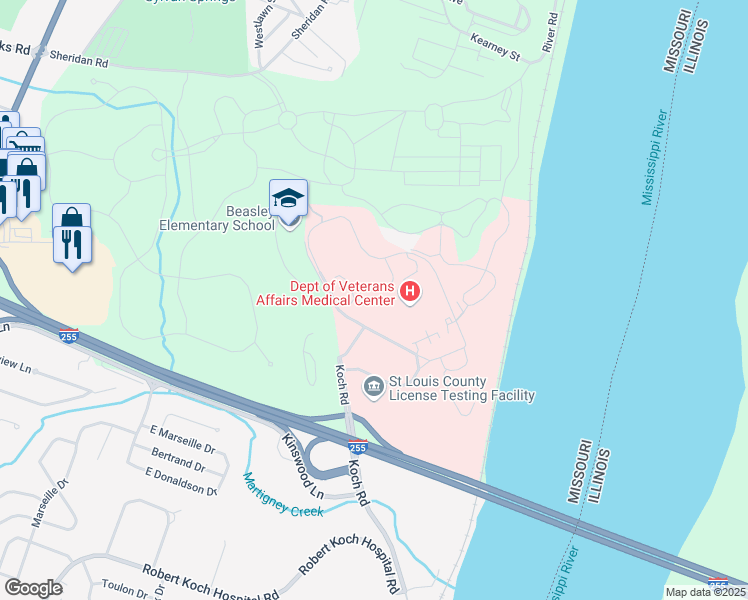 map of restaurants, bars, coffee shops, grocery stores, and more near 1 Jefferson Barracks Drive in St. Louis