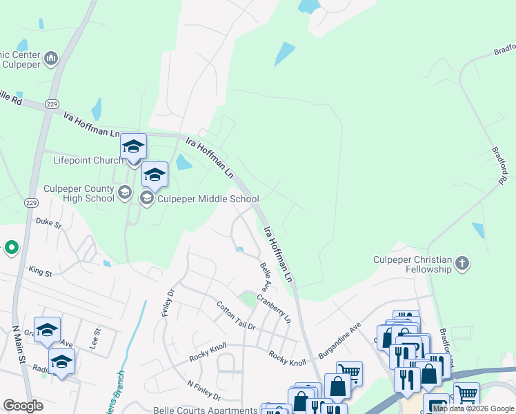 map of restaurants, bars, coffee shops, grocery stores, and more near 15383 Ira Hoffman Lane in Culpeper