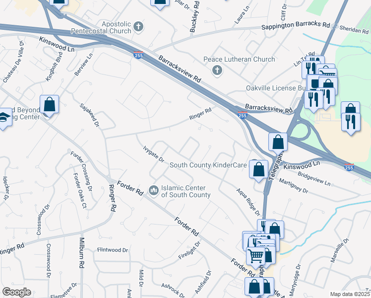 map of restaurants, bars, coffee shops, grocery stores, and more near 4116 Brevity Drive in St. Louis