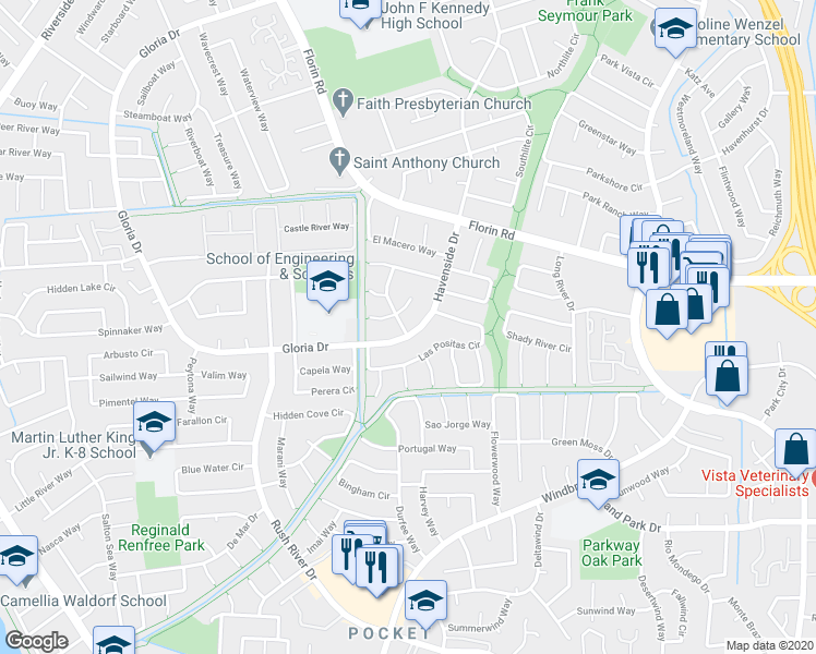 map of restaurants, bars, coffee shops, grocery stores, and more near 2 De Laveaga Court in Sacramento