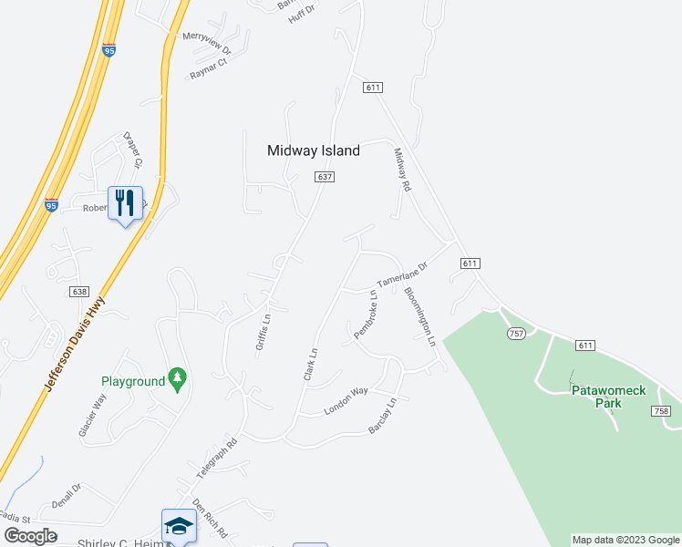 map of restaurants, bars, coffee shops, grocery stores, and more near 65 Clark Lane in Stafford