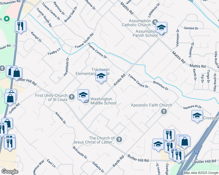map of restaurants, bars, coffee shops, grocery stores, and more near 4426 Auburn Trace Drive in St. Louis