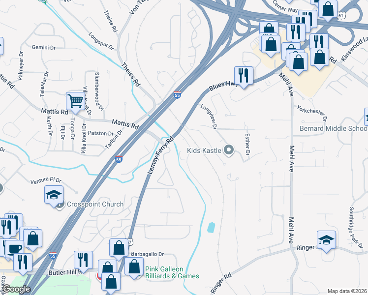 map of restaurants, bars, coffee shops, grocery stores, and more near 44 Kassebaum Lane in St. Louis