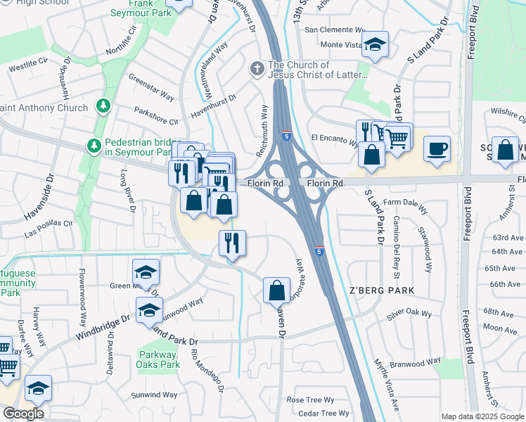 map of restaurants, bars, coffee shops, grocery stores, and more near 40 Park City Court in Sacramento