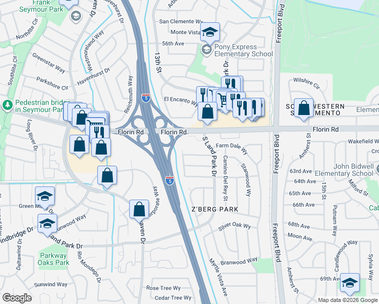 map of restaurants, bars, coffee shops, grocery stores, and more near 1219 Woodfield Avenue in Sacramento
