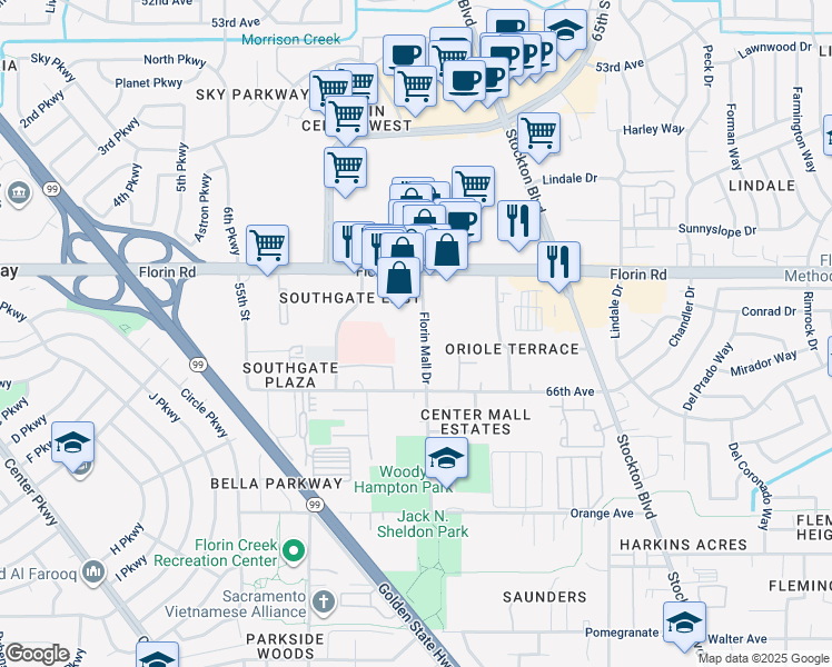 map of restaurants, bars, coffee shops, grocery stores, and more near 7250 Florin Mall Drive in Sacramento