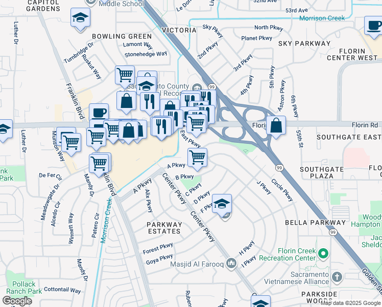 map of restaurants, bars, coffee shops, grocery stores, and more near 7236 East Parkway in Sacramento