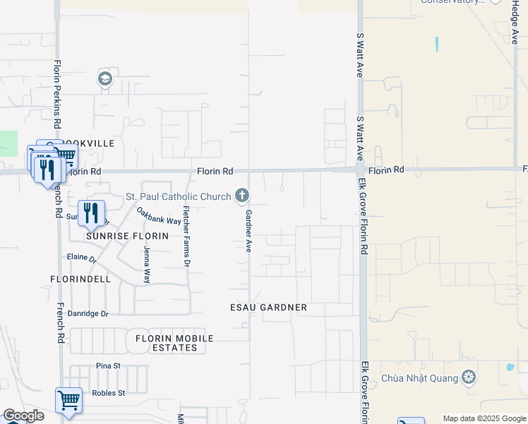 map of restaurants, bars, coffee shops, grocery stores, and more near 7251 Gardner Avenue in Sacramento