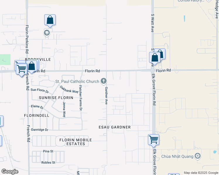 map of restaurants, bars, coffee shops, grocery stores, and more near 7251 Gardner Avenue in Sacramento
