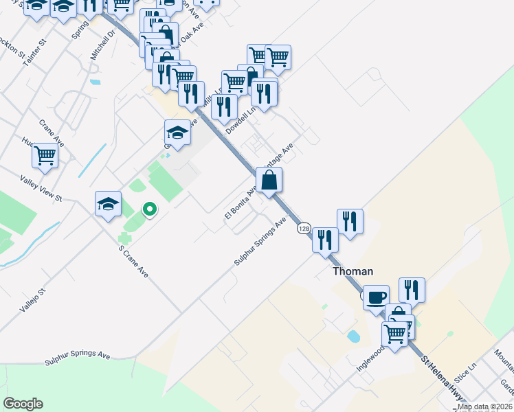 map of restaurants, bars, coffee shops, grocery stores, and more near 1301 El Bonita Avenue in St. Helena