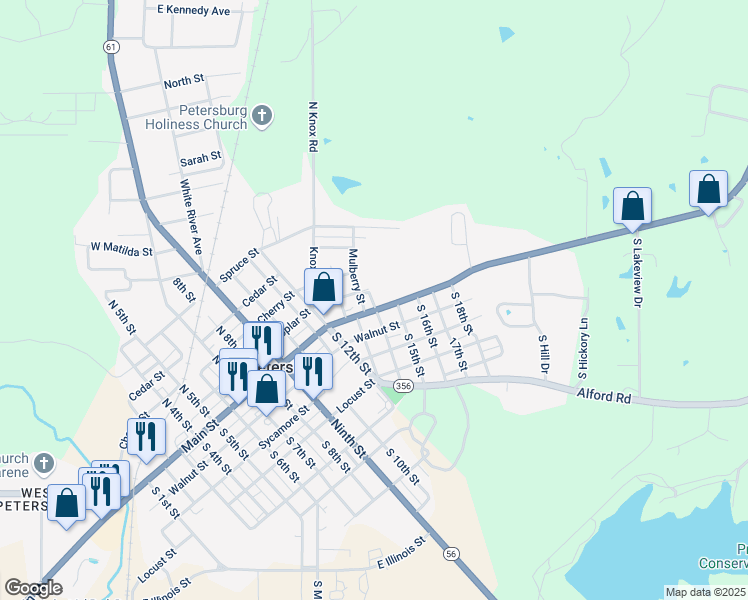map of restaurants, bars, coffee shops, grocery stores, and more near 1402 Main Street in Petersburg