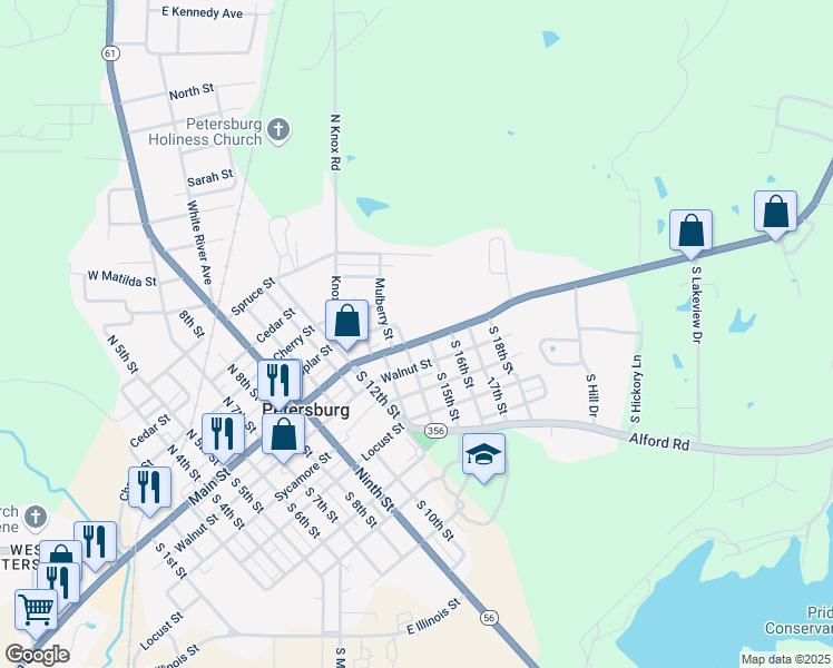 map of restaurants, bars, coffee shops, grocery stores, and more near 1402 Main Street in Petersburg