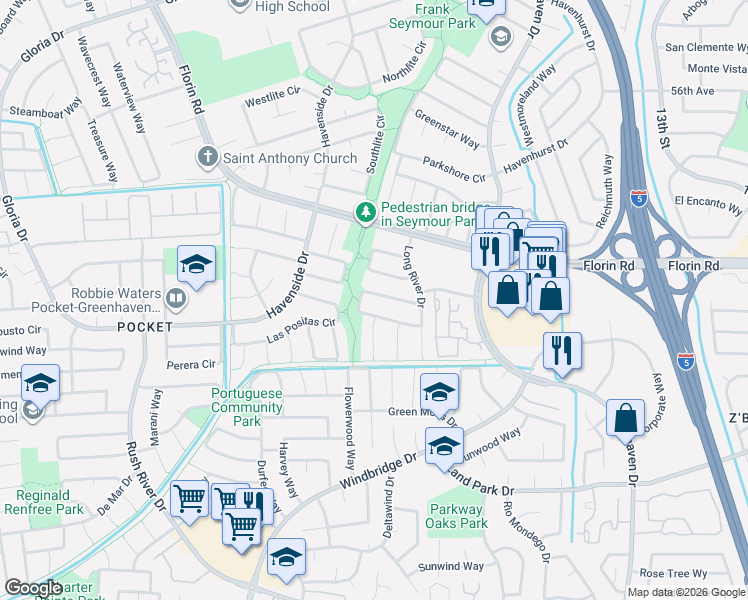 map of restaurants, bars, coffee shops, grocery stores, and more near 31 Shady River Circle in Sacramento