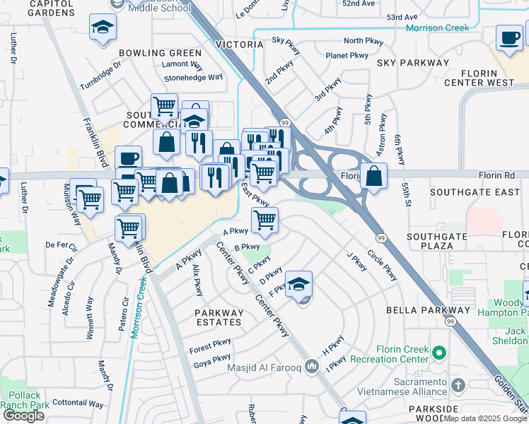 map of restaurants, bars, coffee shops, grocery stores, and more near 7240 East Parkway in Sacramento
