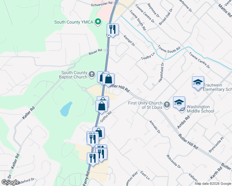 map of restaurants, bars, coffee shops, grocery stores, and more near 4950 Butler Crest Drive in St. Louis