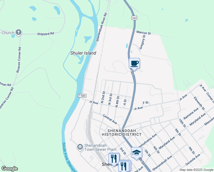 map of restaurants, bars, coffee shops, grocery stores, and more near 312 North 2nd Street in Shenandoah