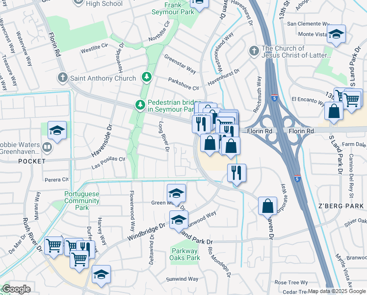 map of restaurants, bars, coffee shops, grocery stores, and more near 4 Secret River Drive in Sacramento