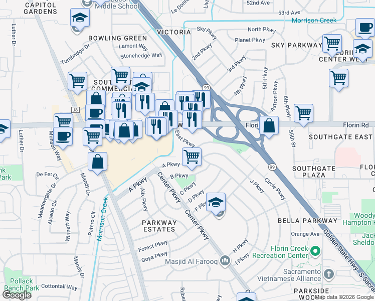 map of restaurants, bars, coffee shops, grocery stores, and more near 7240 East Parkway in Sacramento
