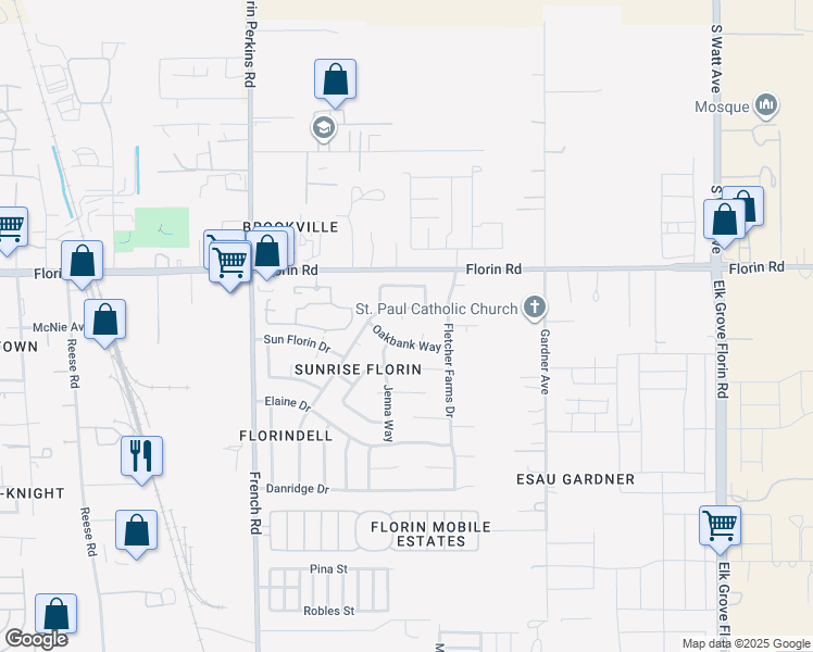 map of restaurants, bars, coffee shops, grocery stores, and more near 7249 Hennessy Court in Sacramento