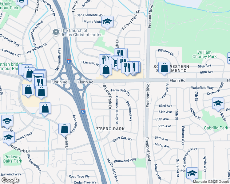 map of restaurants, bars, coffee shops, grocery stores, and more near 7234 Farm Dale Way in Sacramento