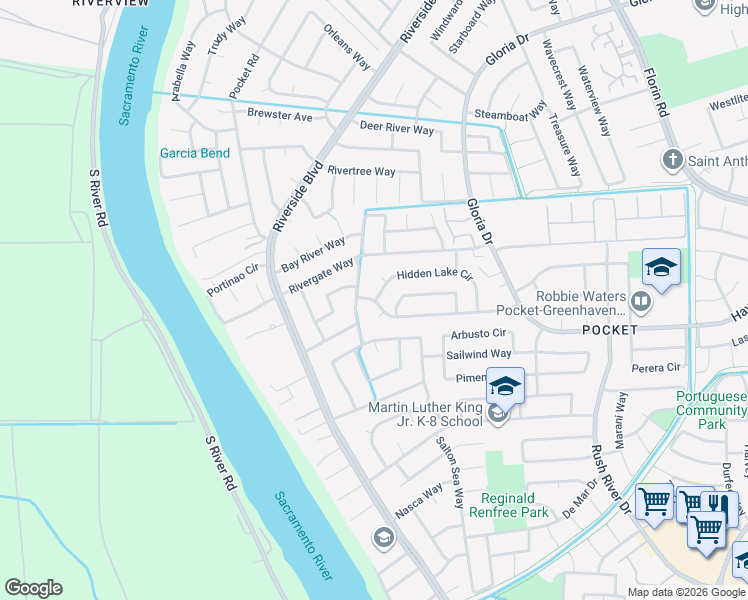map of restaurants, bars, coffee shops, grocery stores, and more near 6 Hidden Lake Circle in Sacramento