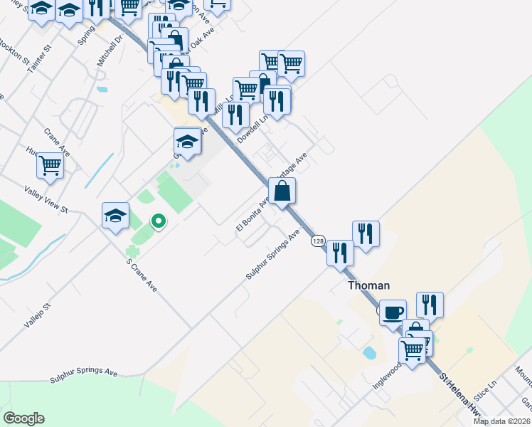 map of restaurants, bars, coffee shops, grocery stores, and more near 1301 El Bonita Avenue in St. Helena