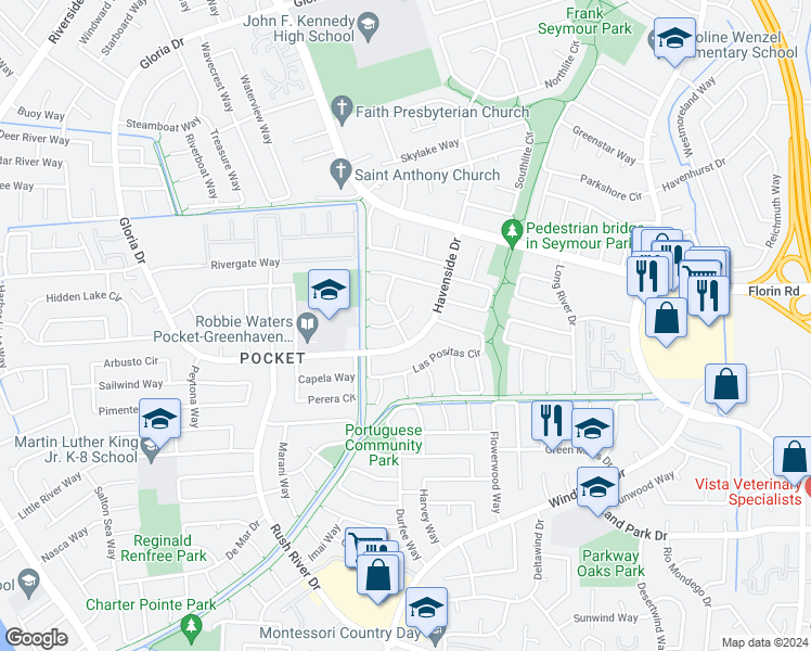 map of restaurants, bars, coffee shops, grocery stores, and more near 2 De Laveaga Court in Sacramento