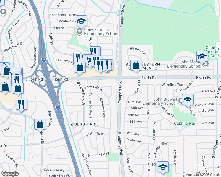 map of restaurants, bars, coffee shops, grocery stores, and more near 28 Rose Mead Circle in Sacramento