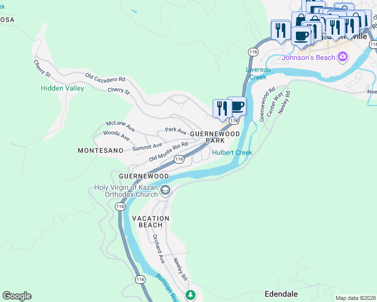 map of restaurants, bars, coffee shops, grocery stores, and more near 17300 California 116 in Guerneville