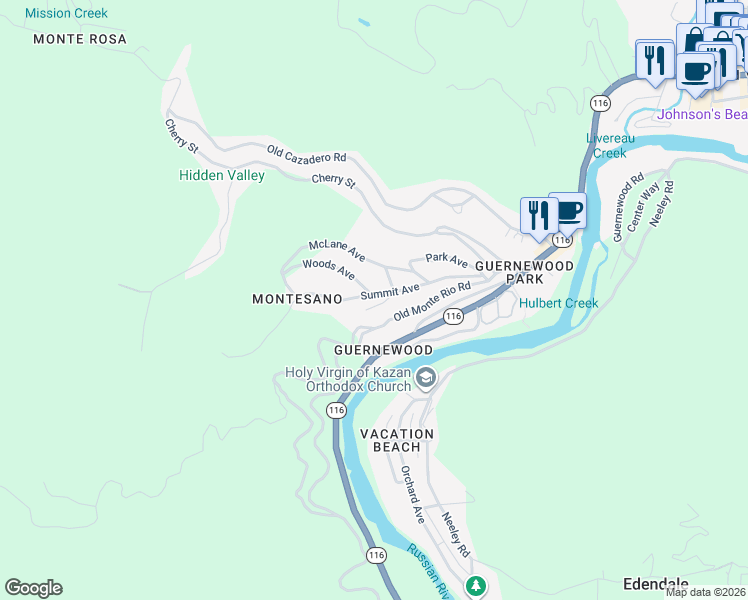 map of restaurants, bars, coffee shops, grocery stores, and more near 17485 Summit Avenue in Guerneville